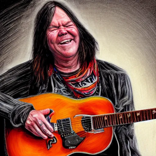 Prompt: neil young shredding during a live performance, happy, smile, digital art, highly detailed, trending on art station