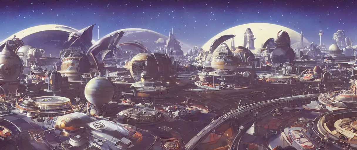 Prompt: a retro futurism outer space city built across moons orbiting a gas giant planet in a beautiful universe by robert mccall and john berkey | ralph mcquarrie :. 5 | unreal engine :. 3
