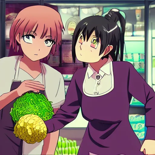 Prompt: Angry woman throwing cabbage at a scared store clerk teen, anime, cinematic, highly detailed, lighting