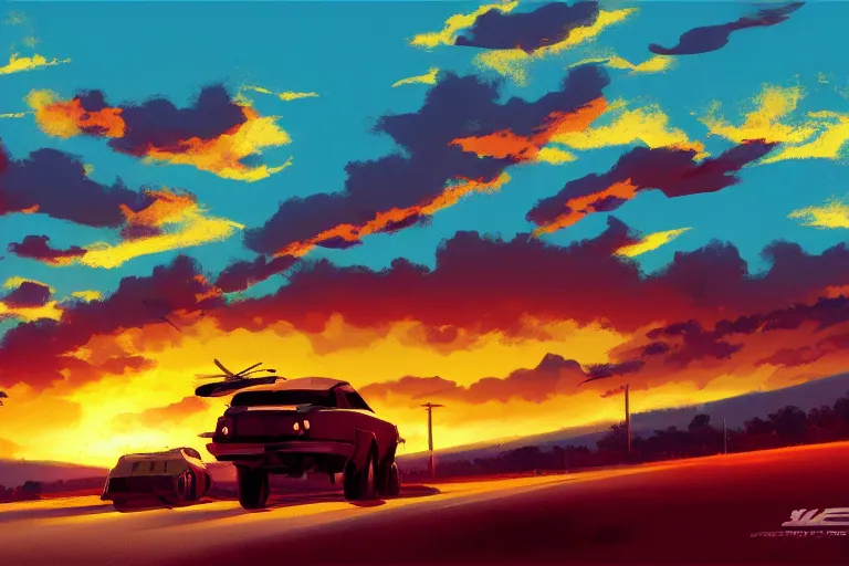 Image similar to country roadside sunset sky clouds illustration by syd mead artstation 4 k graphic novel concept art matte painting