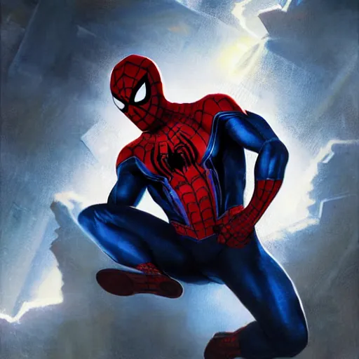 Image similar to ryan reynolds as spider - man, wearing a black and blue suit, cinematic, volumetric lighting, f 8 aperture, cinematic eastman 5 3 8 4 film, photorealistic by greg rutkowski, by stanley artgerm, by alphonse mucha