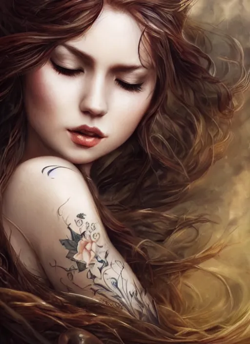 Image similar to a beautiful woman with closed eyes and tattoos, 8 k, sensual, hyperrealistic, hyperdetailed, beautiful face, long hair windy, dark fantasy, fantasy portrait by laura sava