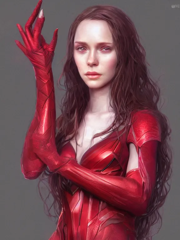 Image similar to wanda, scarlet witch, au naturel, hyper detailed, digital art, trending in artstation, cinematic lighting, studio quality, smooth render, unreal engine 5 rendered, octane rendered, art style by klimt and nixeu and ian sprigger and wlop and krenz cushart