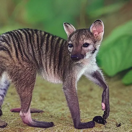 Prompt: small baby thylacine, ‘Tasmanian ((tiger))’, thylacine, detailed fur, long thin tail, long snout