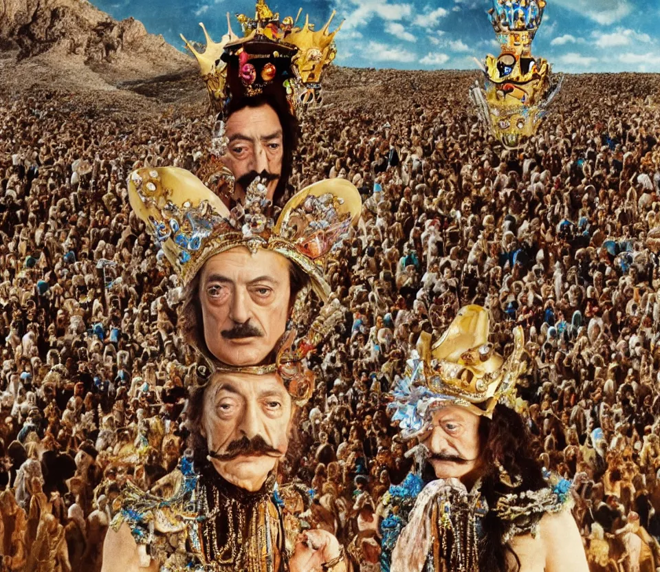 Image similar to salvador dali wearing a crown and costume with jewels in front of a huge crowd in a dry rocky desert landscape, from the movie by alejandro jodorowsky with cinematogrophy of christopher doyle and art direction by hans giger, anamorphic lens, kodakchrome, very detailed photo, 8 k