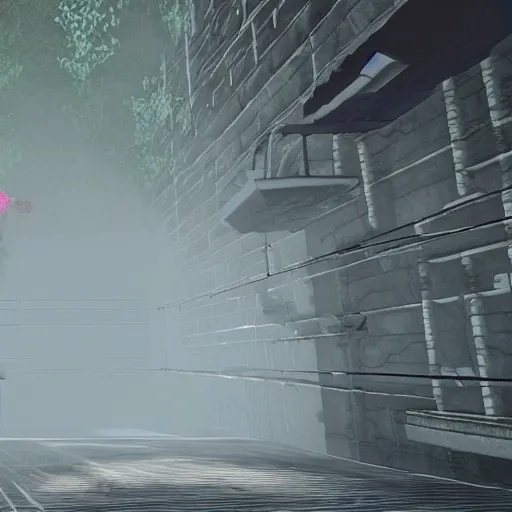 Image similar to screenshot of a playstation 1 psx game where the player is t - posing in deep distance fog