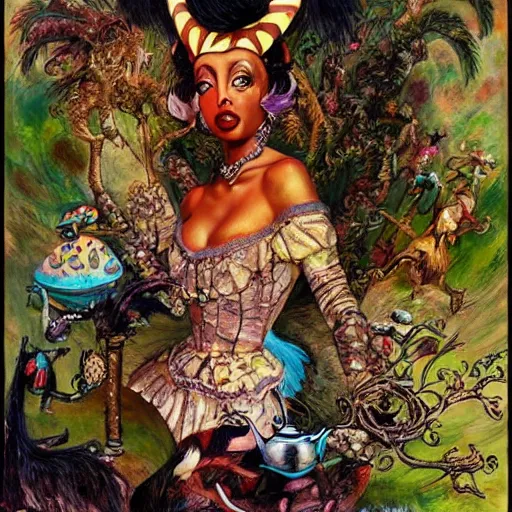 Prompt: josephine baker in alice in wonderland tripping on lsd, intricate detail, painting, royo, frazetta, whealan,