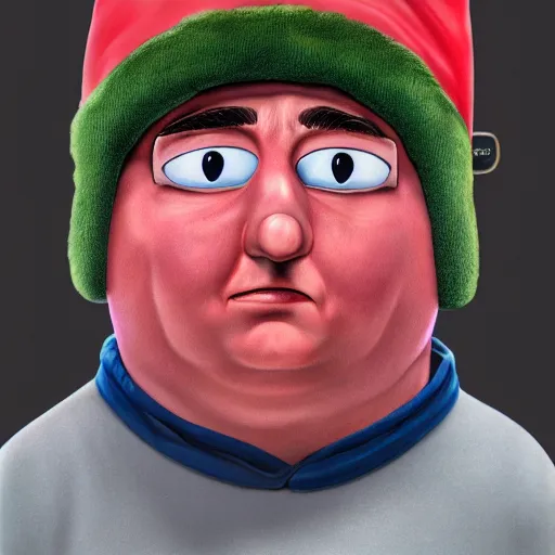 Image similar to hyperrealistic mixed media image of eric cartman, inspired by thomas eakes & greg rutkowski & xiang duan, perfect facial symmetry, dim volumetric lighting, 8 k octane beautifully detailed render, post - processing, extremely hyper - detailed, intricate, epic composition, lifelike attributes, cinematic lighting, masterpiece, trending on artstation, very very detailed, stunning,