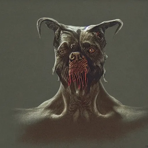 Prompt: a mad dog in the style of Zdzisław Beksiński