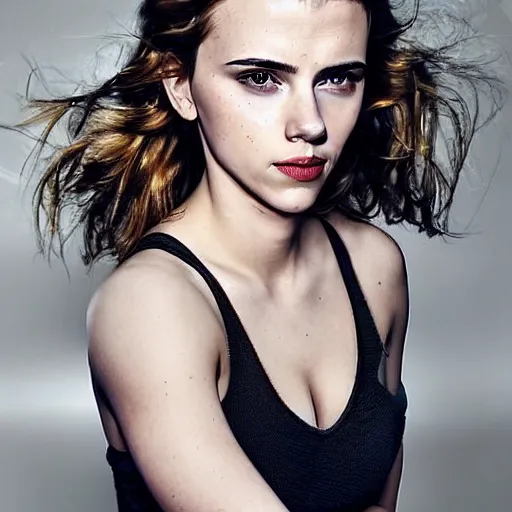 Image similar to a woman who is a genetic combination of scarlett johansson and emma watson face and upper - body focus