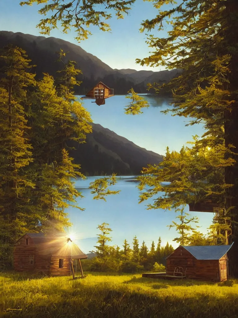 Prompt: an old wooden hikers shack in the woods next to a beautiful medium sized lake, early morning light, spring, ufo hovering in the sky retracting a cow from a field with an anti gravity beam, painting by kenton nelson