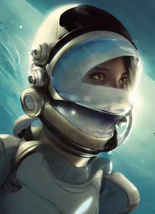 Image similar to Zoe Kravitz with short hair as a futuristic astronaut, helmet with led lights, underwater in the ocean at night, clear water, volumetric lighting, glowing lights, 4k, octane, digital painting, artstation, concept art, sharp focus, illustration, art by artgerm and greg rutkowski and alphonse mucha , wide angle view,