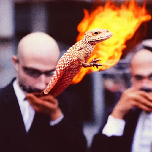 Prompt: conehead lizard businessmen burning money for fun, 35mm grainy film photography