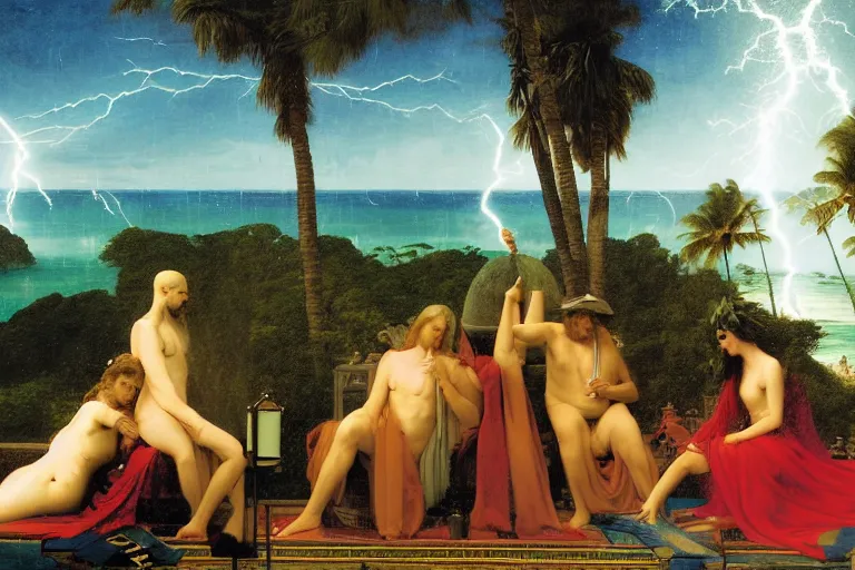 Image similar to The Magician on front of balustrade and palace columns, refracted lightnings on the ocean, thunderstorm, tarot cards characters, beach and Tropical vegetation on the background major arcana sky and occult symbols, by paul delaroche, hyperrealistic 4k uhd, award-winning, very detailed paradise