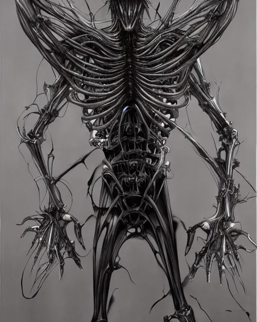 Image similar to light yagami by yoshitaka amano, by hr giger, biomechanical, 4 k, hyper detailed, hyperrealism, anime