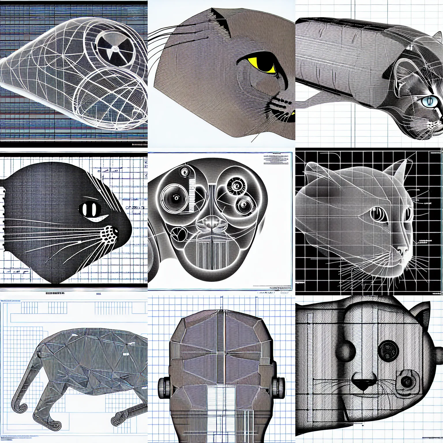 Prompt: technical detailed blueprint, inside a mechanical cat's head, desaturated, marking lines