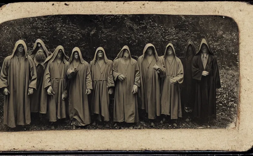Prompt: a old daguerreotype photo of a group of cultists, wearing robes, with demonic goat face, wearing hoods, on a pilgrimage to hell, grainy, old photo, golden ratio, scary, horror photography, 5 0 mm lens, f 1. 8