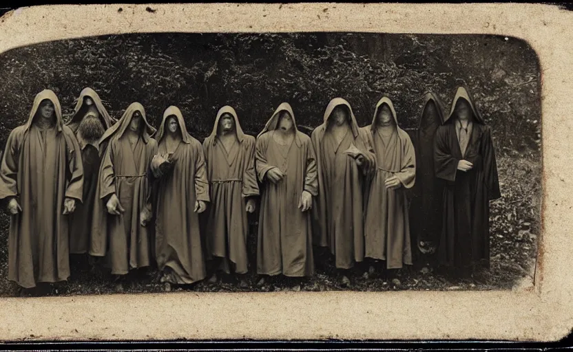 Image similar to a old daguerreotype photo of a group of cultists, wearing robes, with demonic goat face, wearing hoods, on a pilgrimage to hell, grainy, old photo, golden ratio, scary, horror photography, 5 0 mm lens, f 1. 8