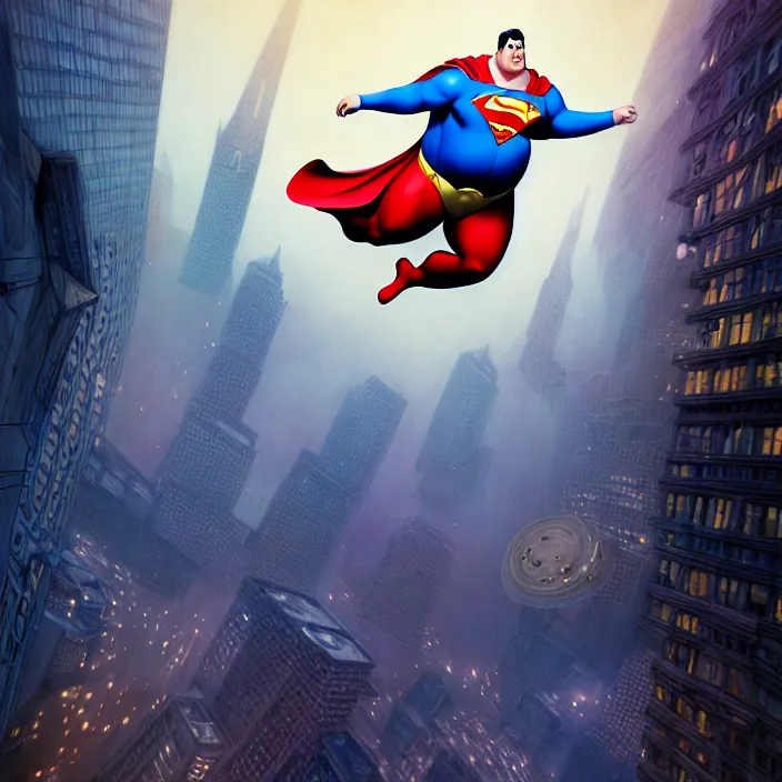 Image similar to hyperrealistic mixed media portrait of a a mordidly obese superman floating through the air over empty city streets at midnight, despair, stunning 3d render inspired art by P. Craig Russell and Barry Windsor-Smith + perfect facial symmetry + dim volumetric lighting, 8k octane beautifully detailed render, post-processing, extremely hyperdetailed, epic composition, grim yet sparkling atmosphere, cinematic lighting + masterpiece, trending on artstation