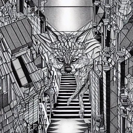 Image similar to a giant wolf in a huge bright maze of many doorways and lots of stairs, many doorways, inside MC Escher architecture, artstation, Junji Ito, epic composition