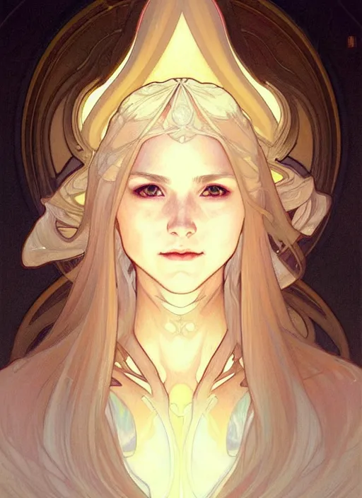 Prompt: digital character concept art by artgerm and greg rutkowski and alphonse mucha. clear portrait taken this year of a young wife blessed by god to uncontrollably become overwhelmingly perfect!! blonde, clothed! obviously feminine holy body!! light effect. hyper detailed, glowing lights!! intricate, elegant, digital painting, artstation, smooth, sharp focus