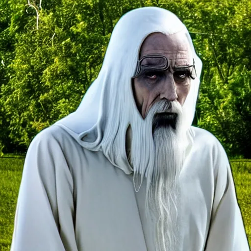 Image similar to Saruman wearing 3M gas mask on top of his head like Walter White