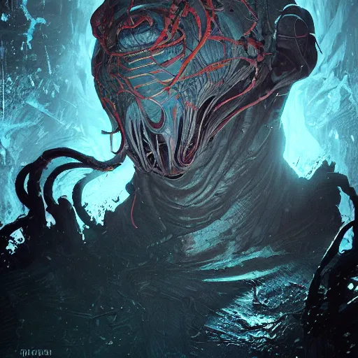 Prompt: Nyarlathotep by Maciej Kuciara and Jason Chan, ominous, cosmic horror, trending on artstation, Ultra detailed, hyper realistic