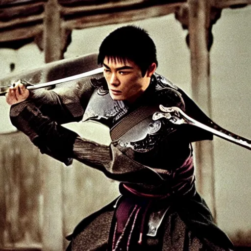 Prompt: xianxia fantasy, xuanhuan martial artist fighting european knight, chinese swordsman fighting medieval european swordsman, fantasy, wuxia, pseudo - medieval fantasy, cinematic, 1 9 8 6 movie screenshot, french swordsman fighting chinese swordsman