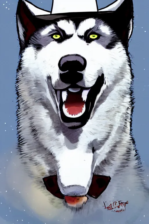 Image similar to a portrait painting of a husky in cowboy costume, wearing a cowboy hat, by studio ghibli, in the style of anime, [ red dead ], [ western film ], humanoid, personify, anthropomorphic, trending on artstation