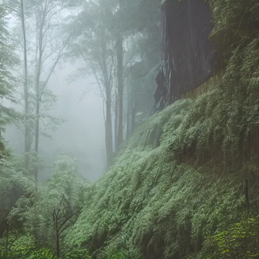 Image similar to emerald urban canyon evergreen forest in fog