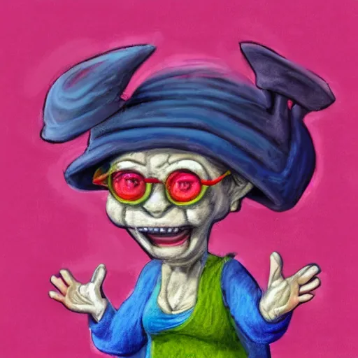 Image similar to Chalk Pastel, crazy cooky old woman, wearing a funny hat, yelling expression, trending on artstation, behance, dribbble