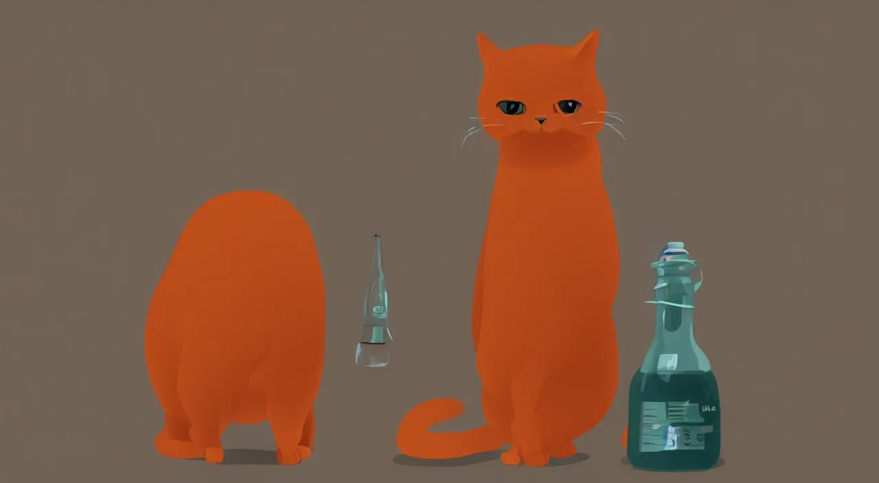 Prompt: a cat standing next to a bottle of medicine. orange cat. animal. digital art. artstation. illustration. separate.