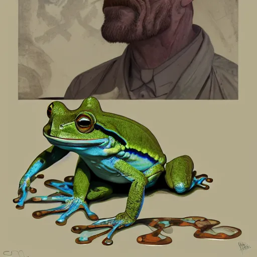 Image similar to a frog and walter white, intricate, highly detailed, digital painting, artstation, concept art, smooth, sharp focus, illustration, unreal engine 5, 8 k, art by artgerm and greg rutkowski and alphonse mucha