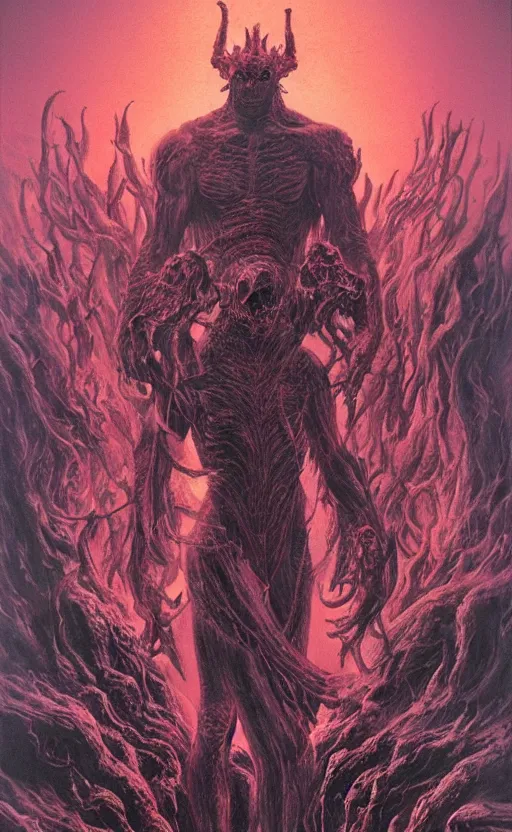 Image similar to a muscular demon rising up out of the fire in the many levels of hell surrounded by dead souls on fire, sense of awe, surreal hellscape by Wayne Barlowe, Pascal Blanche