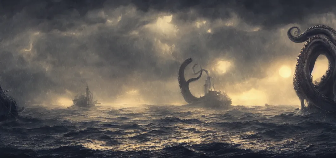 Prompt: one single ship gets eaten by giant kraken, tentacle, rainy night, dramatic lighting, cinematic, establishing shot, extremly high detail, foto realistic, cinematic lighting, post processed, concept art, artstation, matte painting