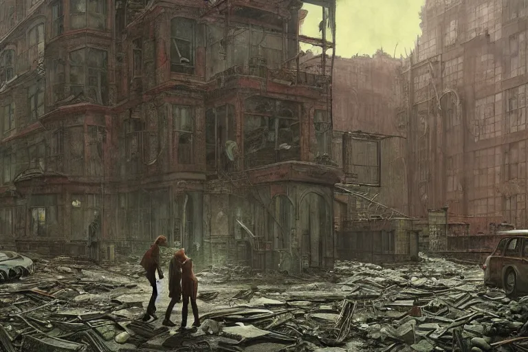 Prompt: detailed ultra - realistic graphic novel illustration of gothic postapocalyptic abandoned schoolyard by edward hopper and gregory crewdson, cinematic, full shot, ian miller, wayne barlowe, greg rutkowski