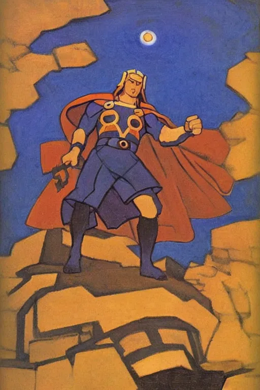 Image similar to thor, marvel, artwork by nicholas roerich,