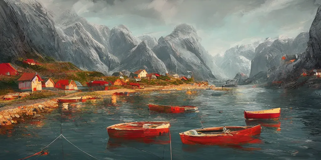 Image similar to a small fishing village nestled in the fjords of norway by alena aenami, petros afshar, colin campbell cooper speedart