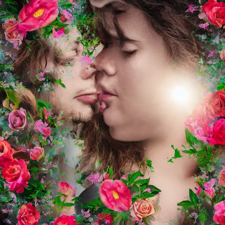 Image similar to double exposure of love, love is the most relevant theme, love is infinity, love os begin of all, 8 k resolution, artistic mode, artistic, flowers mode