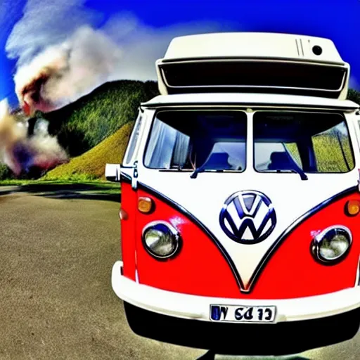 Image similar to a fisheye perspective caricature watercolor painting of a vw volkswagen bus, camper, bulli, type - 2, microbus, kombi, flying towards the camera, jumping at the viewer, dynamic action shot, fish eye lense, frontal, a dramatically erupting vulcano is seen in the background