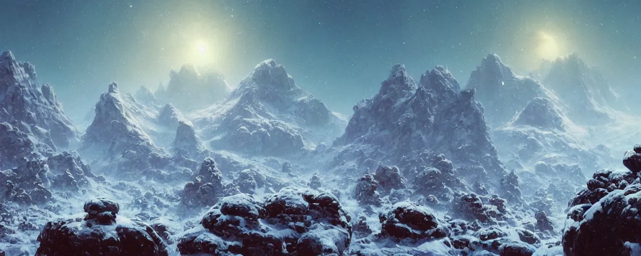 Prompt: ” outer planet with snow topped rock archs mountains, [ art by paul lehr, cinematic, detailed, epic, widescreen, opening, establishing, mattepainting, photorealistic, realistic textures, octane render ] ”