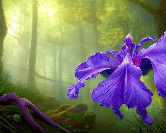 Image similar to detailed concept art of an iris flower in an magical forest by james gurney in the style of yoshitaka amano, depth of field, unreal engine, 8 k, sharpness, artstation, award - winning realistic sci - fi concept art, in the style of james gurney.