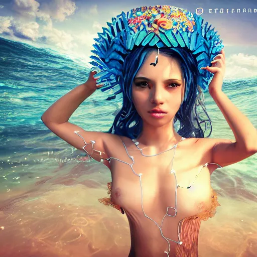 Image similar to kawaii puerto rican goddess swimming in the ocean wearing a bespoke headdress designed by emma yeo made of circuitry, inspired by cameron gray, wlop, stanley kubrick, masamune, unique perspective, photorealistic, intricate foreground, dof, trending on artstation, 3 d render, vivid