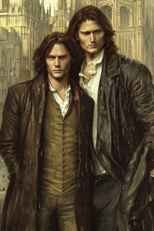 Image similar to a detailed matte portrait of sam winchester and dean winchester in a supernatural sherlock holmes story, 1 8 th century london in the rain, city streets, ominous, masterpiece, 8 k, art by alphonse mucha and greg rutkowski