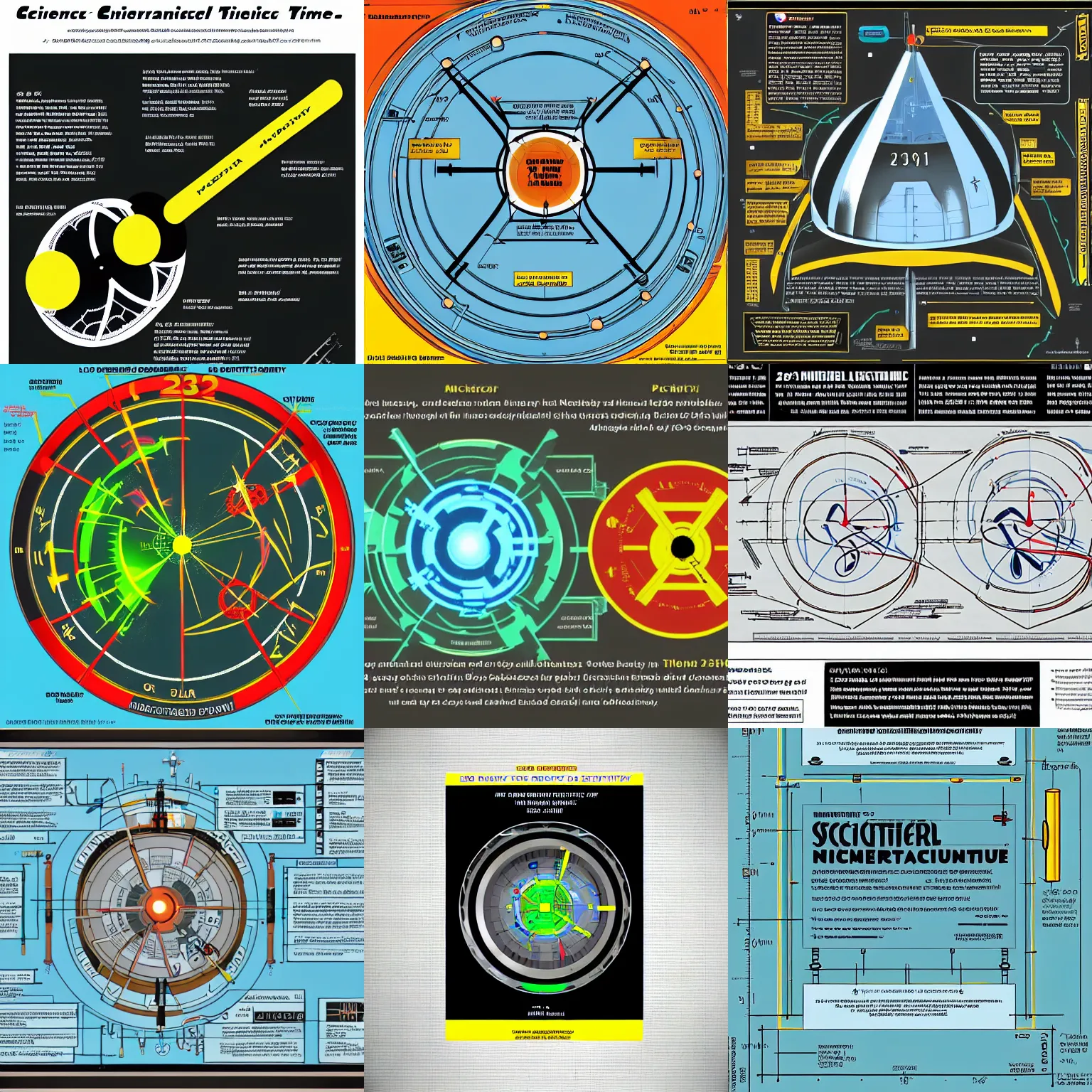 Prompt: 2 3 rd century scientific schematics for a nuclear time machine, vector technical documents, callouts, legend