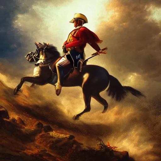 Prompt: gopro picture of napoleon on his horse fighting in waterloo, trending artstation, hyper realistic, very detailed, dramatic scene, realistic lighting, anime, 4 k