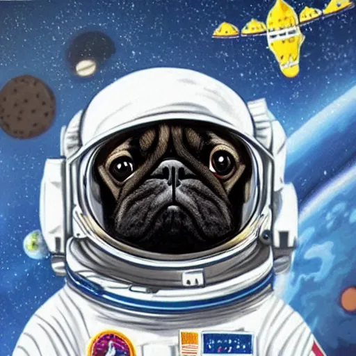 Image similar to hyper realistic, highly detailed, astronaut pug in space.