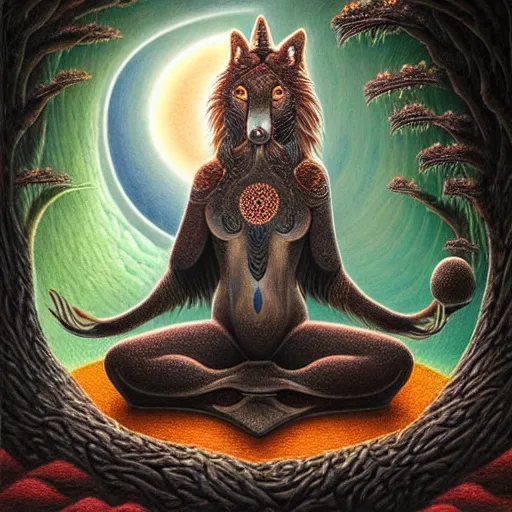 Prompt: an athromorphic wolf character meditating in a zen garden with a waterfall under the blood moon, by Adi granov and afarin sajedi and amanda sage and evgeni gordiets and Agostino Arrivabene and adonna khare in a psychedelic portrait style, ultrarealistic matte painting, volumetric lighting, fractal, extremely symmetrical, highly detailed face, orisha, 8k, hd