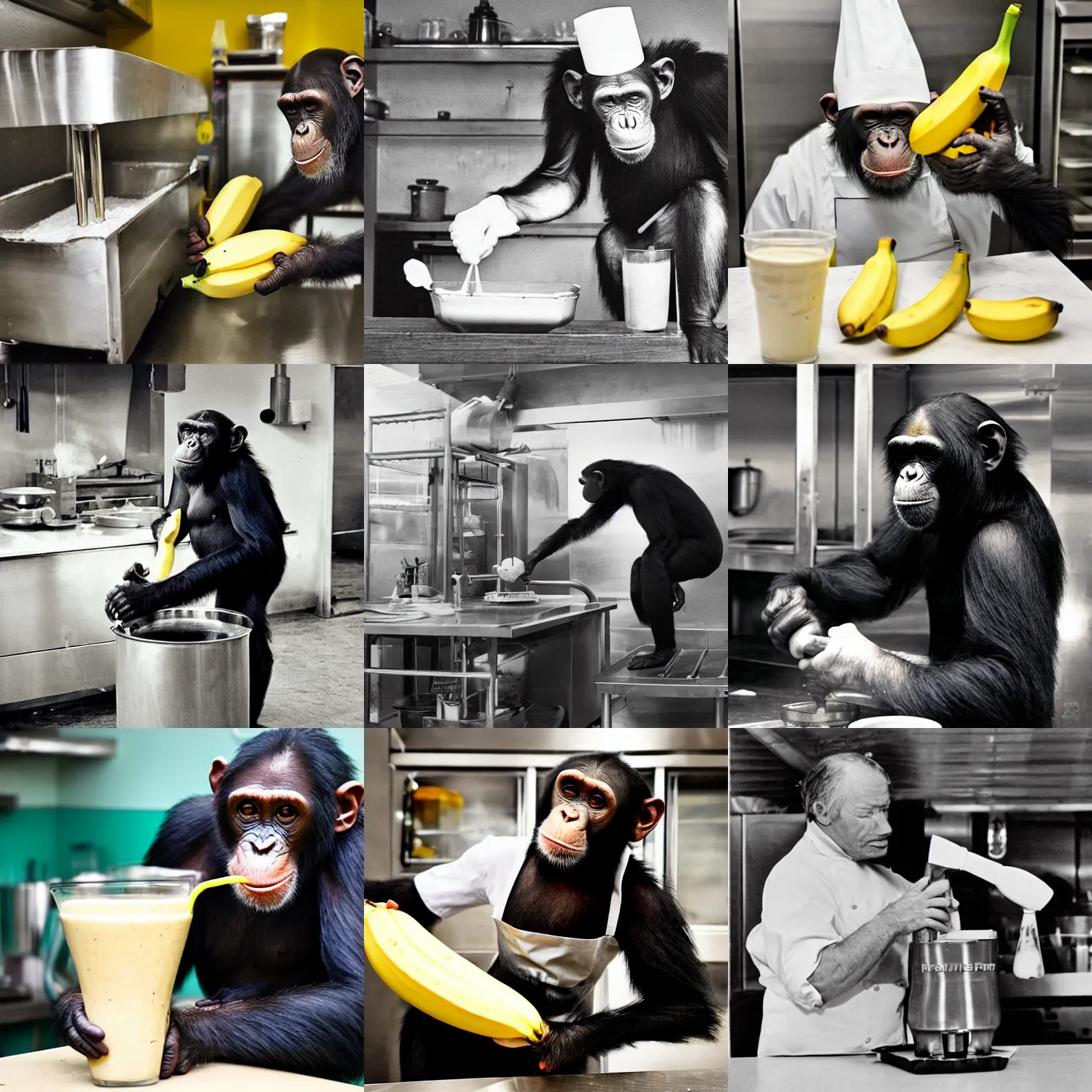 Prompt: a real photograph of a chimpanzee making a banana milkshake in a restaurant kitchen