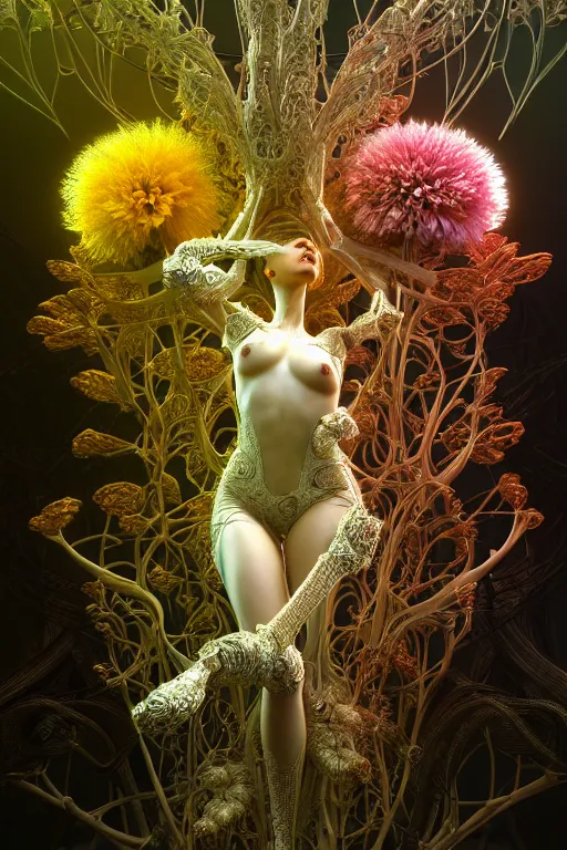 Image similar to intricate hyper detailed ultra sharp 3 d render, unity of mood, biomechanical cyborg ladies dancing, atmospheric, foliage, white large pore fungi, cyberpunk art nouveau, haute couture alexander mcqueen leaves stems colorful dahlias blooming transparent fractal filigree roots, intricate details, octane render, volumetric cinematic lighting, natural beautiful light, yellow infrared, lumiol, 8 k,